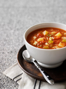 Bowl of Tomato Clam Chowder with Green Pepper and Potato, Studio Shot
