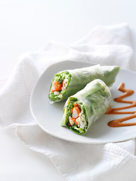 Chicken and Shrimp Spring Roll with Carrots, Mint and Broccoli Appetizer, Studio Shot