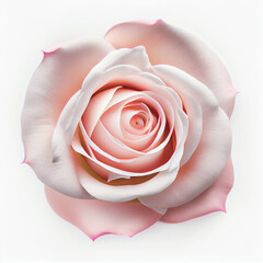 Top view of a pink rose on a white background, perfect for representing the theme of Valentine's Day.