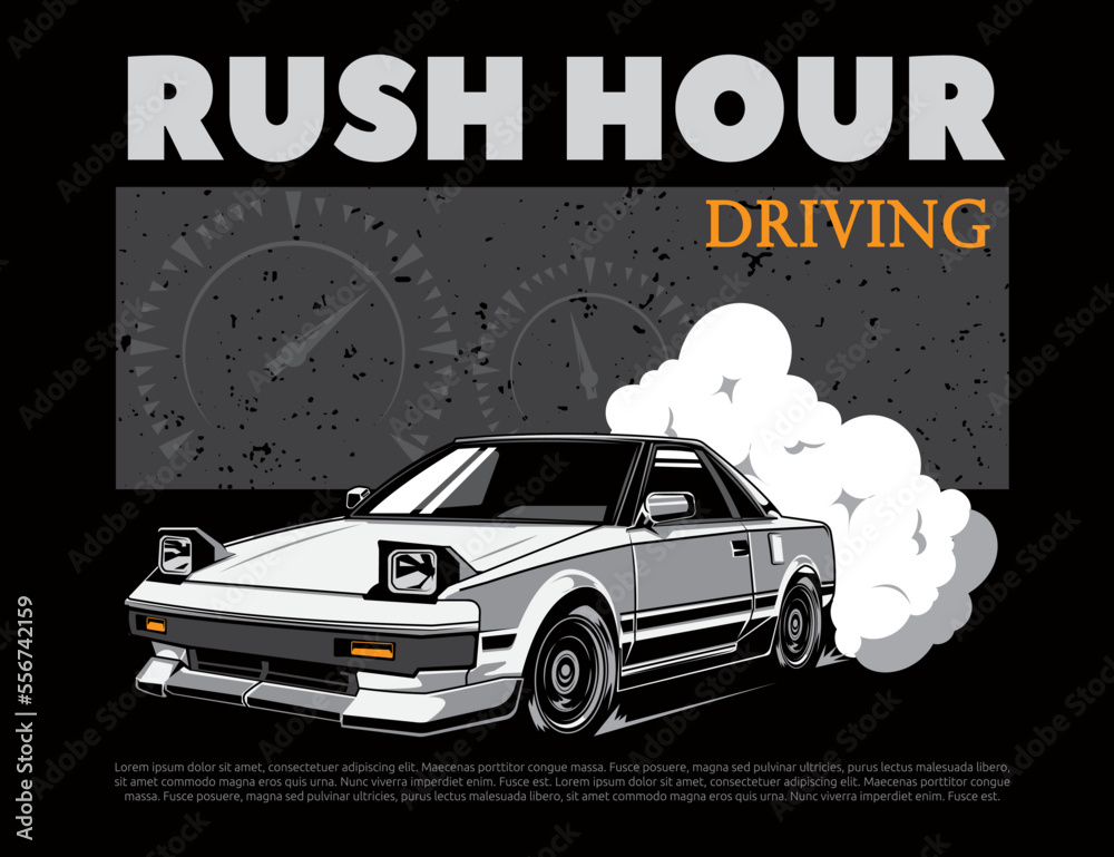 Sticker 90s drifting car illustration in white tone with grunge speedometer background for t-shirt vector gr