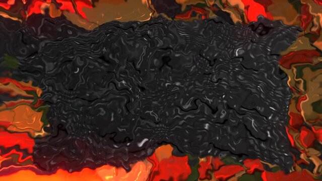 Abstract animation of volcanic liquid. Motion. Texture of soot in square with moving liquid background. Dark abstract liquid moves in square on colorful background