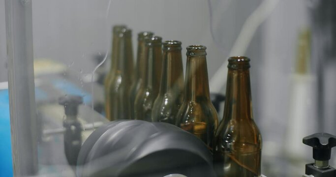 Capping process of full beer bottles. Machine for capping bottles. Factory, brewery concept. Beer bottles on automated machine during capping process. Video of beer bottles moving on a conveyor belt.