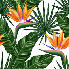 Tropical seamless pattern. Colorful vivid print with beautiful palm jungle leaves and strelitzia flowes. Repeated luxury design for packaging, cosmetic, fashion, textile, wallpaper.