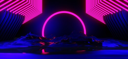 gaming background abstract wallpaper, cyberpunk style scifi game, neon glow of stage scene in pedestal display room, 3d illustration rendering, esports team concept