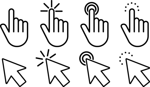 Set of pointer click icon. Hand cursor click. Arrow pointer. PNG image	