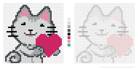 Fototapeta na wymiar pixel illustration, cute gray cat with a heart in its paws, embroidery, coloring by cells for the development of children and adults, the development of counting, logic, motor skills and imagination