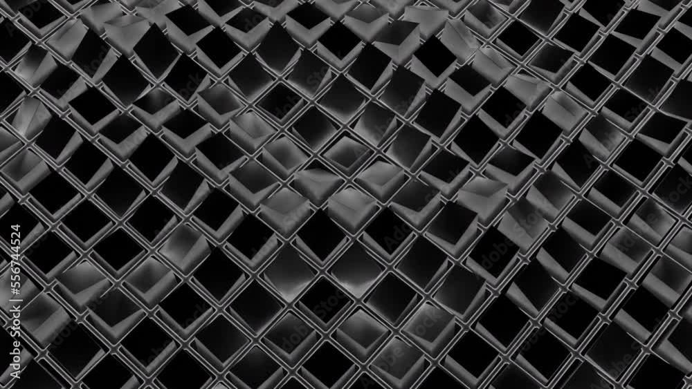 Poster square mesh with waves and glitter. action. grid of squares moves in waves on black background. virt