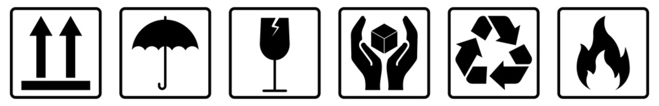 Set of fragile care sign for packing. Warning symbols. Vector illustration isolated on white background