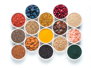 Various superfoods in bowl oisolated on white
