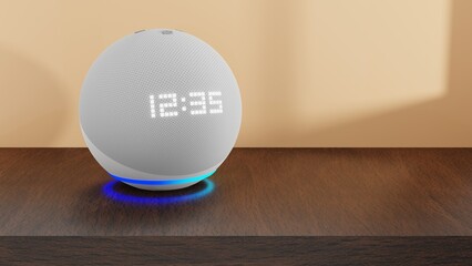 a lot of voice controlled speaker with activated voice recognition on wood background. 3d render illustration