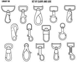 CLASPS, ACCESSSORIES FASTNERS  BAGS FASTNERS, BACKPACK FASTNERS AND LOCK FLAT SKETCH VECTOR ILLUSTRATION SET