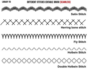 SET OF SEAMLESS SEWING STITCH BRUSH PATTERN DESIGNED FOR GARMENTS, BAGS, APPARELS AND CLOTHINGS IN EDITABLE VECTOR