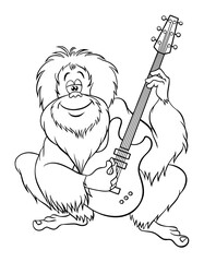 Funny orangutan plays the guitar. Contour vector image isolated on white. Cartoon orangutan with an electric guitar.