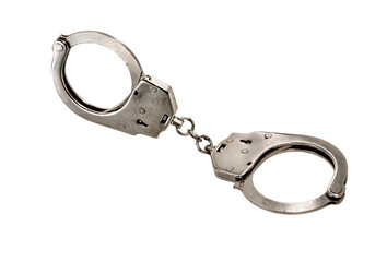 Handcuffs on a white background close-up. Handcuffs isolated. Law. Crime