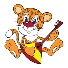 Cute cartoon little jaguar with balalaika. Color vector image of a jaguar or leopard cub, isolated on white. © Ilmar