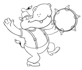 Funny cartoon hippo. Contour vector image of a funny hippopotamus. A hippopotamus in a Turkish fez dances with a tambourine.