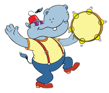 Funny cartoon hippo. Color vector image of a funny hippopotamus, isolated on white. A hippopotamus in a Turkish fez dances with a tambourine.