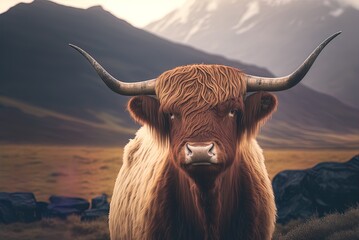 A fluffy highland cow with long horns is the subject of a shallow focus image against a hazy mountain backdrop. Generative AI - obrazy, fototapety, plakaty