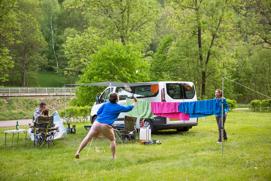 Playing badminton at a campsite, Cesky Krumlov, Bomenia, Czech Republic