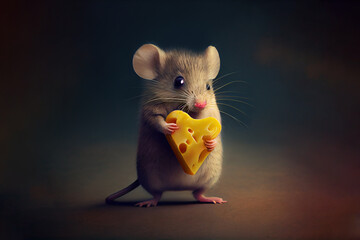 little mouse holding cheese heart, mouse in love. Generative Ai - obrazy, fototapety, plakaty