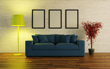 3D rendering of a blue sofa with a flower and a lamp against a brick wall