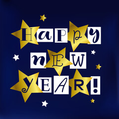 Creative unusual lettering of Happy New Year with different letters in modern style decorated with stars for decoration, greeting cards, posters, presents, advertising