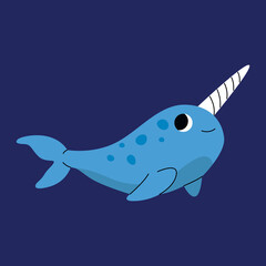Cute blue narwhal swimming, marine animal. Giant inhabitants of sea, ocean underwater life. Childish aquatic mammals print for nursery, kids apparel, poster, postcard, pattern. Cartoon vector.