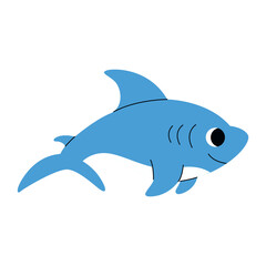 Cute blue shark swimming, marine animal. Giant inhabitants of sea, ocean underwater life. Childish aquatic mammals print for nursery, kids apparel, poster, postcard, pattern. Cartoon vector.