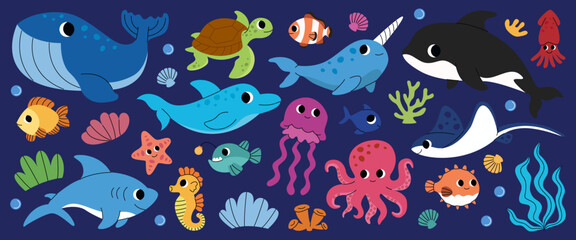 Set of marine animals. Childish aquatic turtle, whale, narwhal, dolphin, octopus, shark, jellyfish, seahorse, fishes, coral, killer whale. Inhabitants of sea, ocean underwater life. Cartoon vector.
