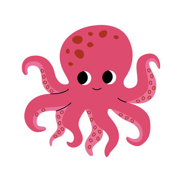 Cute red octopus swimming, marine animal. Inhabitants of sea, ocean underwater life. Childish aquatic mammals print for nursery, kids apparel, poster, postcard, pattern. Cartoon vector.