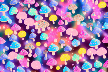 Colorful rainbow Mushrooms, confetti and glitter background banner pattern  