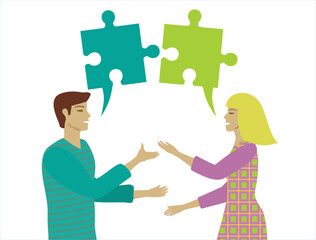 Couple, man and woman communicate with each other. Speech bubbles looking like jigsaw, puzzle pieces. Isolated on white. Vector illustration.