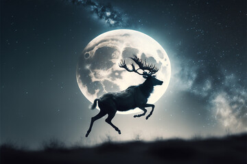 Reindeer flying in front of a large moon in the winter sky
