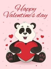 Cute bear with hearts. Postcard panda with red heart. Happy Valentine's Day. Vector illustration in cartoon style.