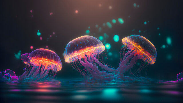 Glowing Sea Jellyfishes On Dark Background, Neural Network Generated Art
