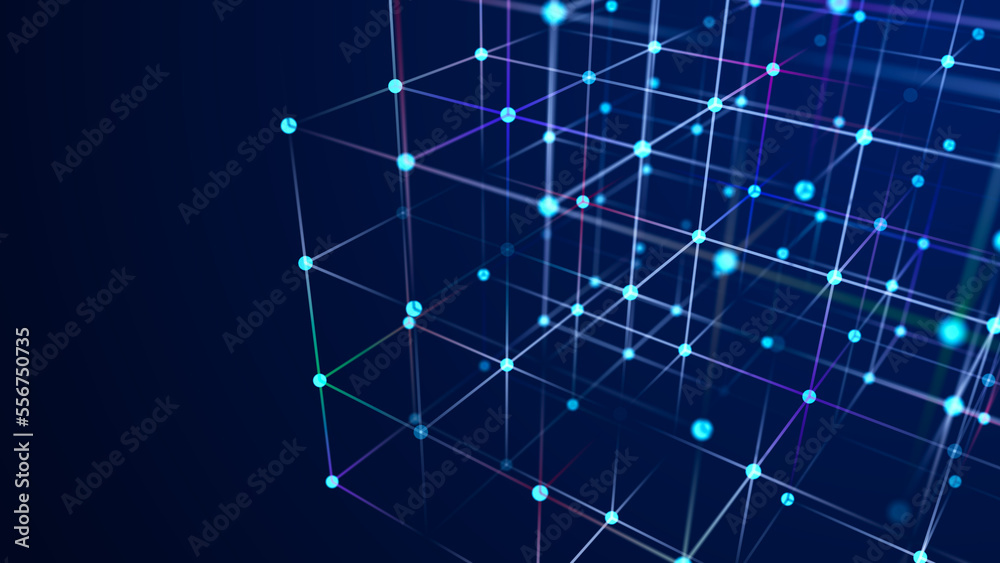 Poster digital blockchain concept. data storage in separate cells. abstract background with dots and connec