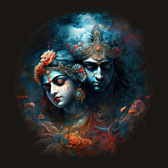 Beautiful Radha and Krishna, AI - obrazy, fototapety, plakaty