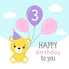 Children's greeting card with bear. Happy birthday 3 years old.