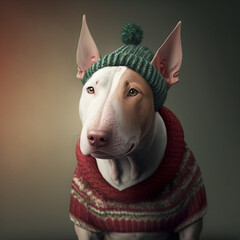 Bull terrier in Christmas Outfit - obrazy, fototapety, plakaty