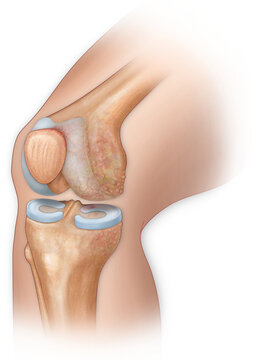 Medial view three quarter knee bent with injuries: Torn meniscus, arthritis, eburnation, and microfracture