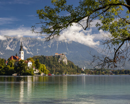 Assumption of Mary Church on Bled Island surrounded by Lake Bled; Slovenia