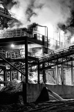 Coal powered, food processing plant with emissions lit up at night; Nebraska, United States of America