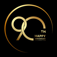 90th anniversary logo design with ring and golden text. Logo Vector Illustration