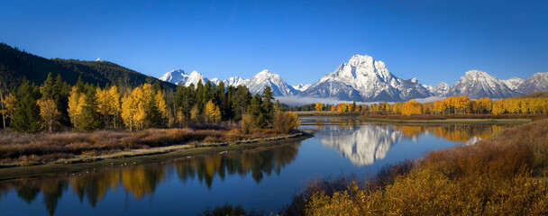 Mount Moran and autumn colours in Grand Teton National Park; Wyoming, United States of America