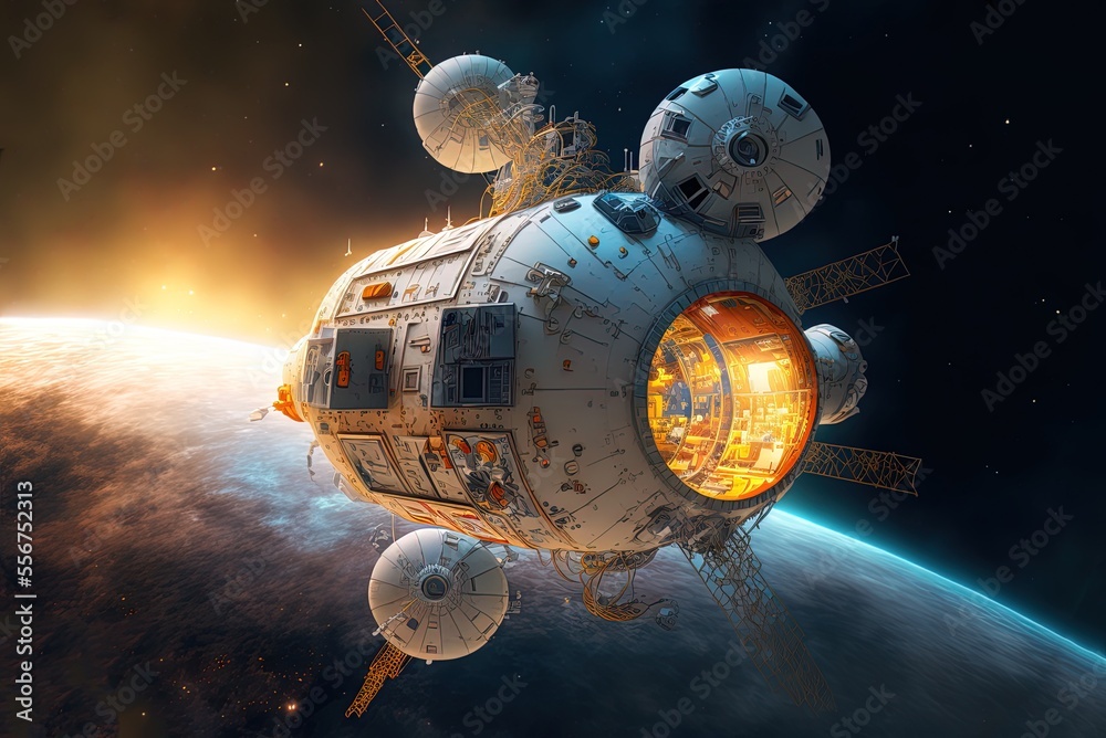 Wall mural little spaceship cruising across the empty space station,. generative ai