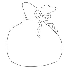 Closed sack or big bag full of gifts, doodle style flat vector outline for kids coloring book