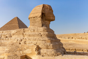 Great Sphinx of Giza and the Great Pyramid in the background, Giza, Cairo, Egypt