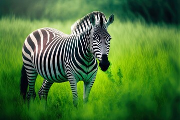 Obraz premium a stunning zebra in a field of lush green grass, captured with a shallow depth of field Generative AI