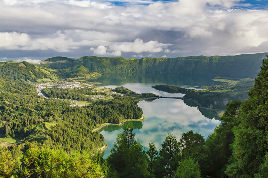 Lakes and lush vegetation of the Sete Cidades in the volcanic crater, Sao Miguel Island, Azores