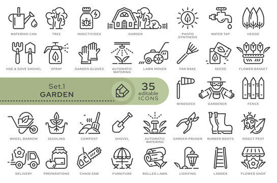 Set of conceptual icons. Vector icons in flat linear style for web sites, applications and other graphic resources. Set from the series - Garden. Editable outline icon.	